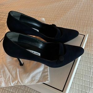 Manolo Blahnik navy suede mary janes with black grossgrain trim